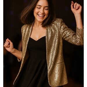 SAM EDELMAN | Champagne Gold Sequin Blazer Open Front 3/4 Sleeves